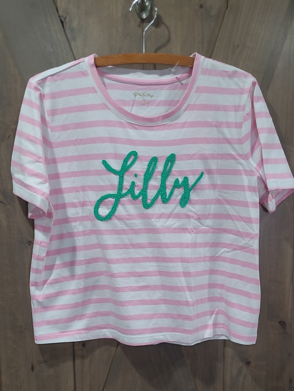 NWT Lilly Keenan Pink & White Striped Tee Beaded Graphic M